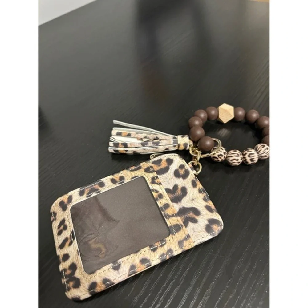 Leopard‎ Print Card Holder Keychain Wristlet Tassel Zipper Pouch ID Holder